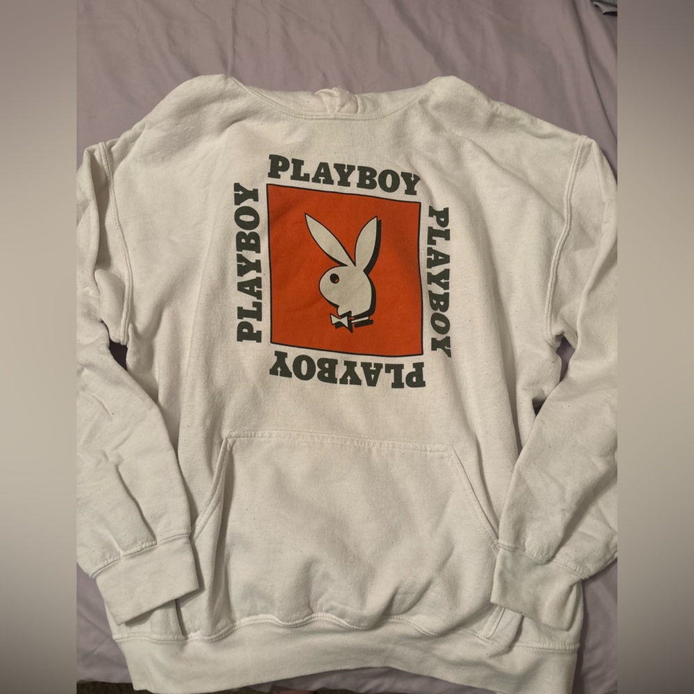 White Playboy Sweatshirt with Orange Logo